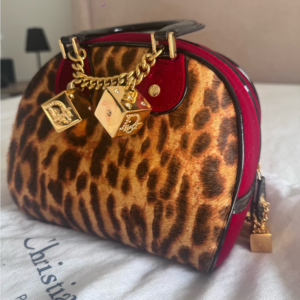 Christian Dior John Galliano Leopard Print Bowler Bag Cheetah Dice Purse - Picture 8 of 11